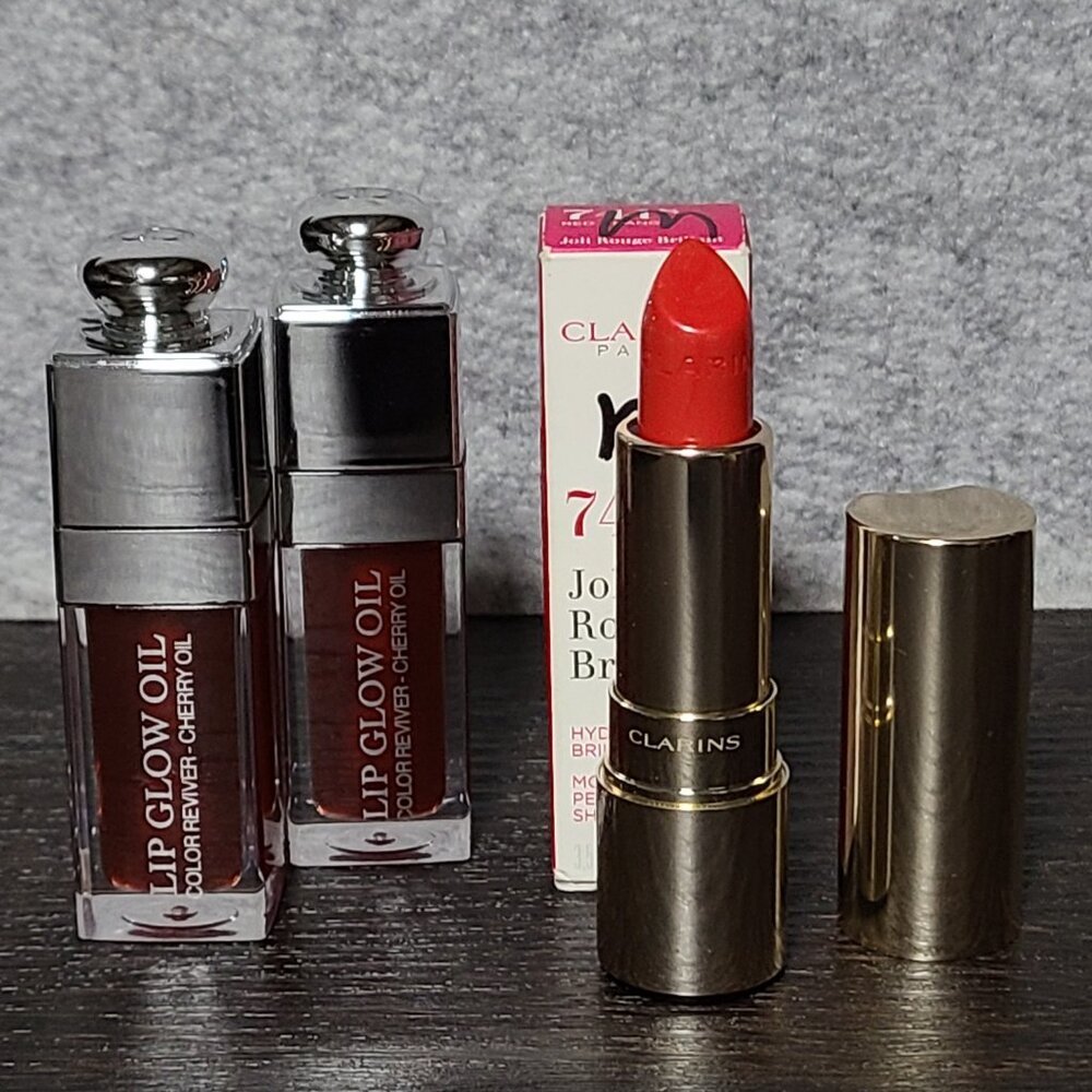 NEW Lux Lip 3 pc Cosmetics Bundle - Dior Addict Lip Glow Oils, Clarins Lipstick
